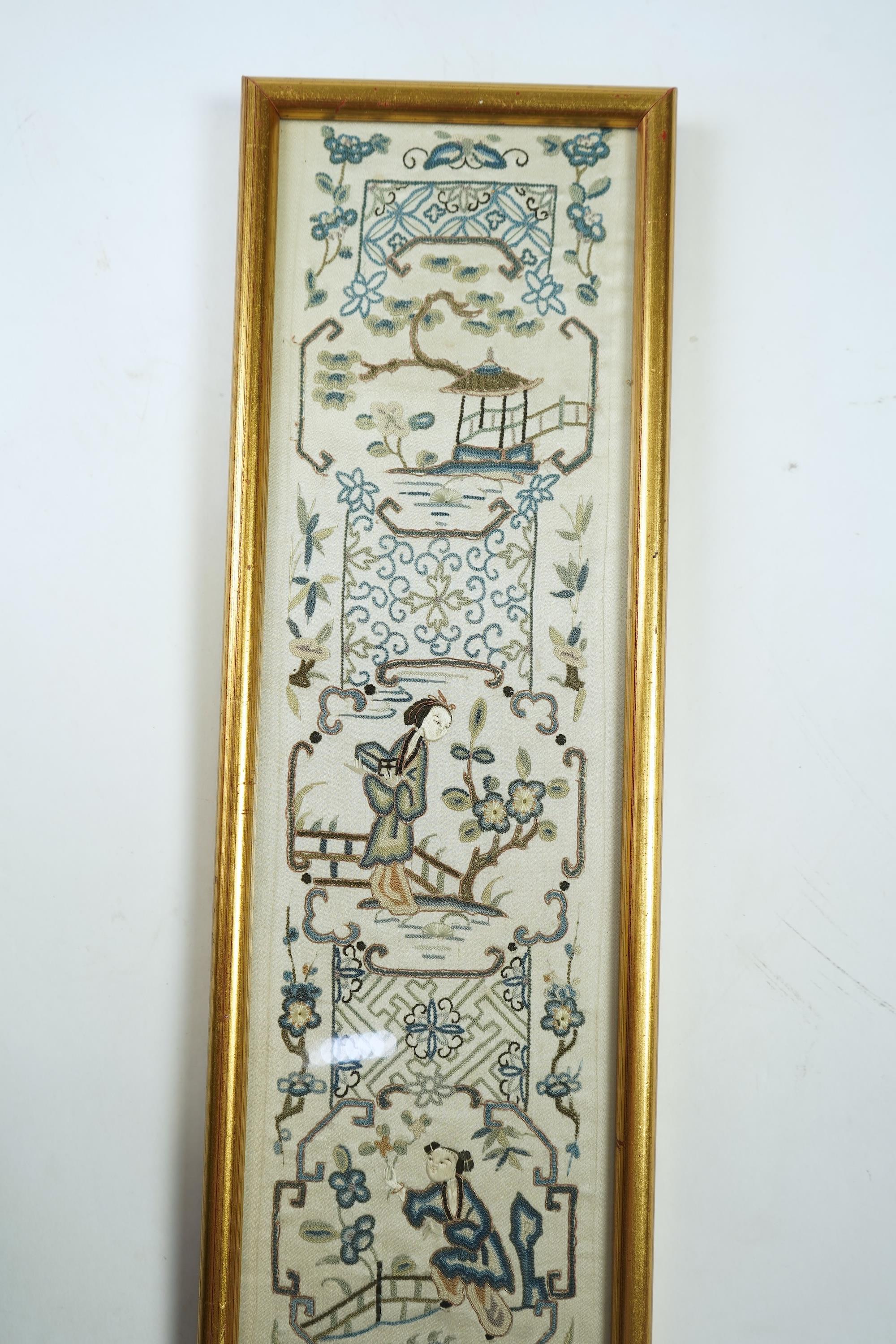 A pair of 19th century Chinese figural silk embroidered sleeve bands. Embroidered in Chinese knot stitch, mostly in blues silk threads on a cream silk backing. 49cm long x 9.5cm wide., Condition - backing fabric and embr